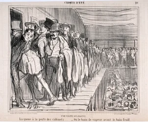 A visit to the baths: “The queue at the door of the cabinets... -Or the steam bath before the cold bath” Engraving by Honore Daumier. Extract from the newspaper “Le Charivari”
