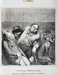 Artwork by Honore Daumier (1808-1879). Charivari dates from 1864: Serie Sketches Taken at the Theatre A new theatre model. Nothing has been neglected for the convenience of the spectators MUSEE DES BEAUX ARTS - PALAIS LONGCHAMP, MARSEILLE
