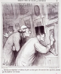 Cartoon about art lovers. Series “Sketch taken at the Salon by Daumier”: “Eh! well looking at this painting, we end up discovering quality, we see that the color is good”. Engraving by Honore Daumier. Extract from the newspaper “Le Charivari”