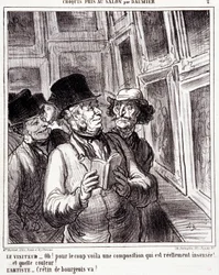 Cartoon about art lovers. Series “Sketch taken at the Salon by Daumier”: “Visitor: Oh! for the coup here is a really insane composition (...). Artist: Bourgeois cretin, go!” Engraving by Honore Daumier. Extract from the newspaper “Le Charivari”