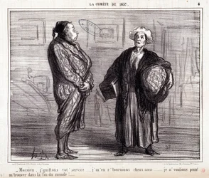 Cartoon about science. Series “On the Comet of 1857”: “Mossieu, I leave your service...” Engraving by Honore Daumier. Extract from the newspaper “Le Charivari” on March 13