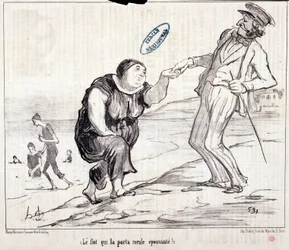 Cartoon about tourists on vacation. Series “At Sea Baths: “The flood that carried it back frightening!” Engraving by Honore Daumier. Extract from the newspaper “Le Charivari”