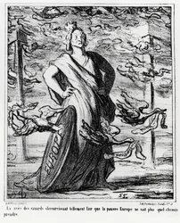 Europe: the cloud of ducks obscuring the air so much that poor Europe no longer knows what path to take. Illustration by Honore Daumier, published in 