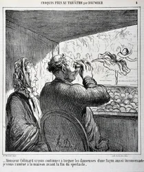Mr. Colimard, if you continue to look at the dancers in such an inappropriate way, I will take you home before the show ends. Engraving by Honore Daumier. Extract from the newspaper “Le Charivari”