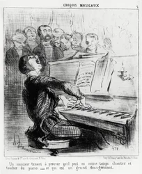 Musical sketches: a gentleman who is keen to prove that he can at the same time sing and play the piano, which is very disgraceful. Illustration by Honore Daumier, published in Charivari, dated 17 February 1852