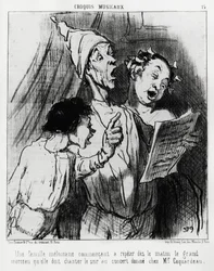 Musical Sketches: A Melomaniac Family Starting to Repeat in the Morning the Big Song They Had to Sing in the Evening at the Concert Given to Mr. Coquardeau. Illustration by Honore Daumier, Published in Charivari, Dated March 3