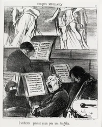 Musical sketches: the orchestra while playing a tragedy. Illustration by Honore Daumier, published in 