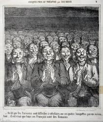 Sketch taken at the theatre: “It is said that Parisians are difficult to satisfy on these four benches not a discontent, it is true that all these Frenchmen are Romans” Engraving by Honore Daumier. Extract from the newspaper “Le Charivari”