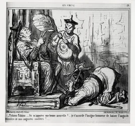 Tchinn Tchinn... You bring me good news! I grant you the great honor to kiss the august dust of my august shoes. In series En Chine, illustration by Honore Daumier, published in 