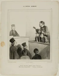"- Defendant! Do you have any means of living? - Thank you Mr President.... I have quite a good stomach," plate 4 La Comédie Humaine