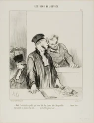 "- Here is the public minister who will say some very unpleasant things to you.... so try to cry a little from one eye at least.... it usually does some good!...," plate 21 from Les Gens De Justice