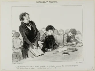 "- Now I understand why this chap was so quiet all the time..... instead of reading quietly in his Greek dictionary, he was indulging in a novel by de Kock.... Oh my God.... where is this all going to end!!," plate 22 from Professeurs Et Moutards
