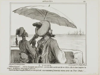In Tangiers. "- Sublime Majesty... the Spanish are coming... in order to frighten them off I took the liberty to fully open your umbrella as a sign of your greatness! - Leave me alone with my umbrella, Belboul.... I would rather like to have an umbrella pr