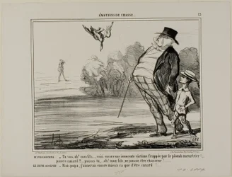 Mr. Prudhomme: “There you are again, my son... another innocent victim of the murderous lead.... poor little duck... pray, you never shall become a hunter, my son!” Young Adolph: “But Daddy, I