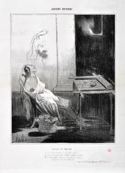 Artwork by Honore Daumier (1808-1879) Charivari dates from 1842: Serie HISTORIE ANCIE Les Nuits de Penelope De son spooux absent l