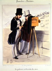 Cartoon ridiculing the length of time necessary to take a daguerrotype photo, c.1840