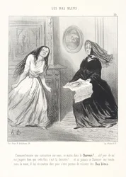 What! Another caricature about us in the Charivari this morning! ... Ah! Upon my life! I certainly hope this time it is the last! ... And if that Daumier ever falls into my hands, he will pay dearly for having dared to knit blue stockings