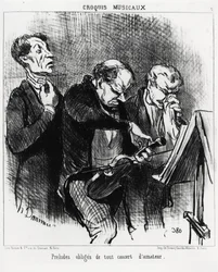 Musical Sketches: Obligatory Preludes of Any Amateur Concert. Three Musicians Strive to Illuminate Their Voices, Tune a Violin and Blow Their Nose with Ostentation. Illustration by Honore Daumier, Published in Charivari, Dated March 3