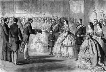 Queen Isabella II of Spain (Isabella of Bourbon) (1830-1904) received the great cord of the Legion of Honour in the name of her son, the Prince of Asturias. Present are: Napoleon III (1808-1873) and Prince Imperial (1856-1879)