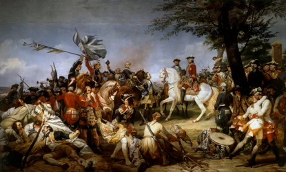 War of the Succession of Austria: The Battle of Fontenoy 11/05/1745; the Marshal of Saxony presented to Louis XV the prisoners and the English flags