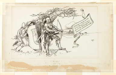 Illustration for The Accommodating Circumstance, II; Fitting a long arrow to his bow, he sent it directly through the foremost horseman