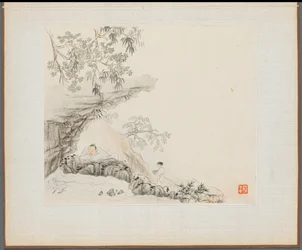 Album of Landscape Paintings Illustrating Old Poems: A Man Lies under a Rocky Overhang, 1700s