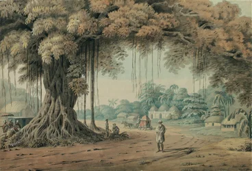 Palanquin Bearers and Holy Men Resting Beneath a Banyan Tree at the Entrance to a Village, Bengal