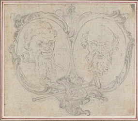 Double Cartouche with Two Heads and Symbols of Fame and Folly