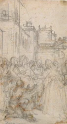 Literary Illustration with Group of Figures Pleading with Man