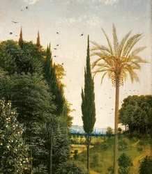 The Pilgrims guided by St. Christopher, from the right hand side of the Ghent Altarpiece (detail)
