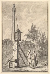 Plate 9: The Pulley: A Man and a Woman Conversing to the Right, a Lantern Hung on a Post, ca. 1763-64