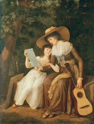 Double Portrait of Mary, Countess of Erne, with her daughter Lady Caroline Crichton, later Lady Wharncliffe, full-length, seated, the former in a brown dress with a yellow sash, wearing a large straw hat