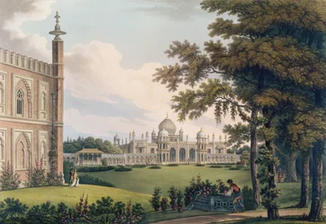 Brighton Pavilion Showing Gardens, Engraved by Joseph Constantine Stadler