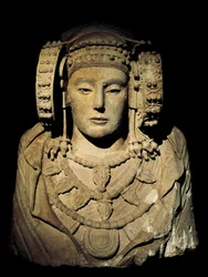 Iberian civilization: The Lady of Elche - 6th century BC, from the site of La Alcudia, Elche - preserved in Madrid, National Archaeological Museum - The Lady of Elche or Lady of Elx - painted limestone sculpture, 6th century BC, Iberian art - National