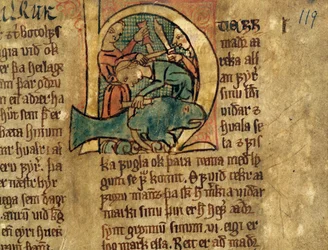 Historiated initial H from an article concerning the division of beached whales, copy of an original 14th century law collection Jonsbok