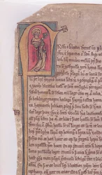 Historiated initial at the beginning of The Saga of the Two Apostles John and Jacob, from Codex Scardensis, c.1360