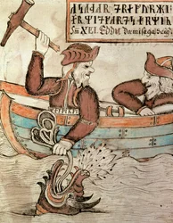 Thor fishing for the serpent of Midgard, from the boat of the giant Hymir