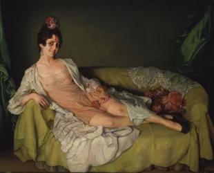 (Woman reclining in an armchair wearing a slip and robe), 20th century