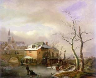A Winter Landscape with Peasants on a Frozen Millpond by a Village