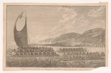 Inhabitants of Hawaii and Their King Sailing in Canoes to Bring Gifts to James Cook