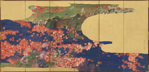 Maple leaves on a stream, six-panel screen, Edo Period, 1856-58