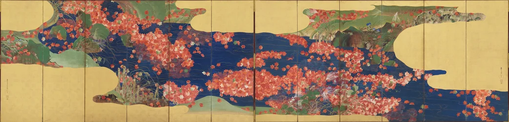 Maple leaves on a stream, six-panel screen, Edo Period, 1856-58