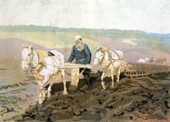 Count Tolstoy ploughing - according to Repine