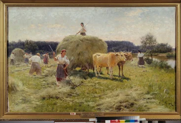 Hay Making (Summer agricultural scene, peasants gathering hay in an ox-drawn cart)
