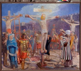 Calvary. Scene of the Crucifixion. At the sides, depiction of the good thief, also called Saint Dismas (or Dysmas, Dimas, Dumas), and the bad thief (Gesmas or Gestas), two thieves crucified with Jesus Christ.