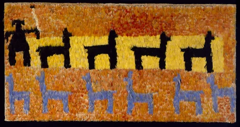 Feather panel with llamas and llama herder, 1450-1534 AD (woven cotton & feathers)