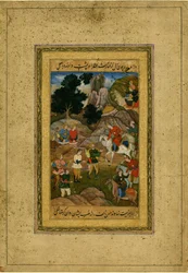 Captive youth being brought before a mounted prince