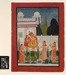 A raja on a terrace with his rani, attended by three women, late 18th century