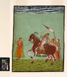 A woman on horseback with three attendants, c.1735