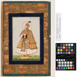 Abdullah Qutb Shah nimbate, in white jama with a gold coat and shawl